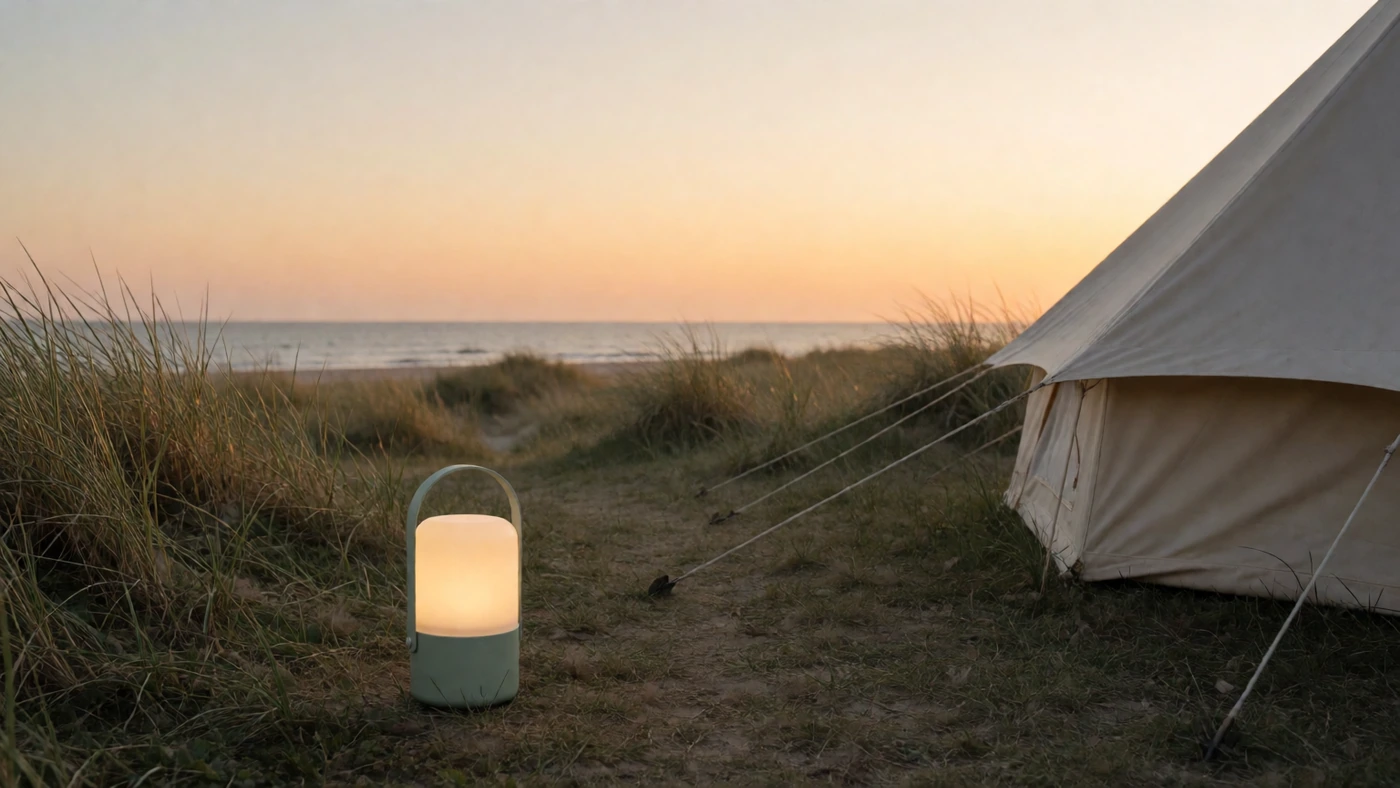 A green lantern at a coastal campsite.