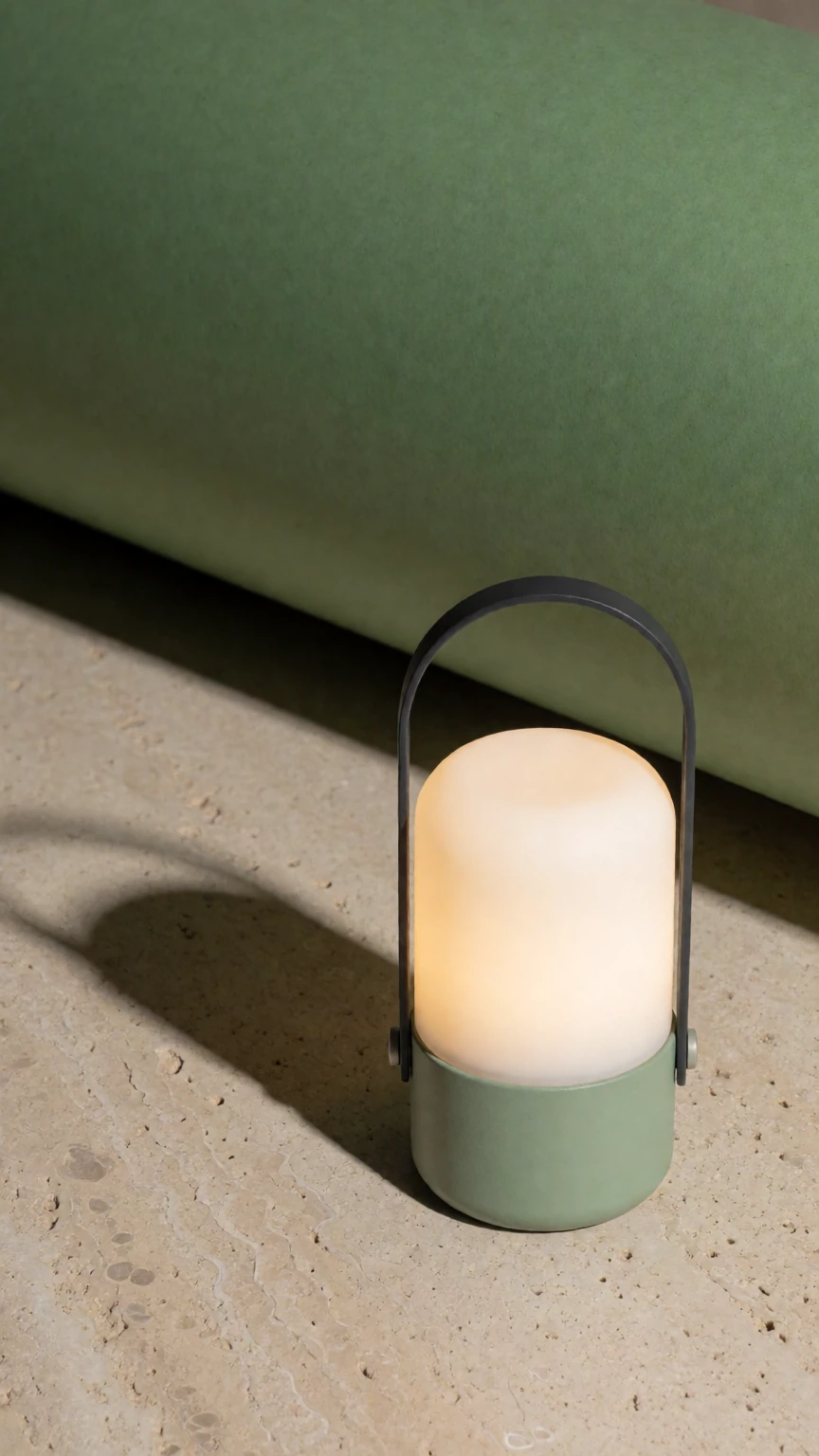 The lantern against green paper and pale stone, with a long clean shadow.