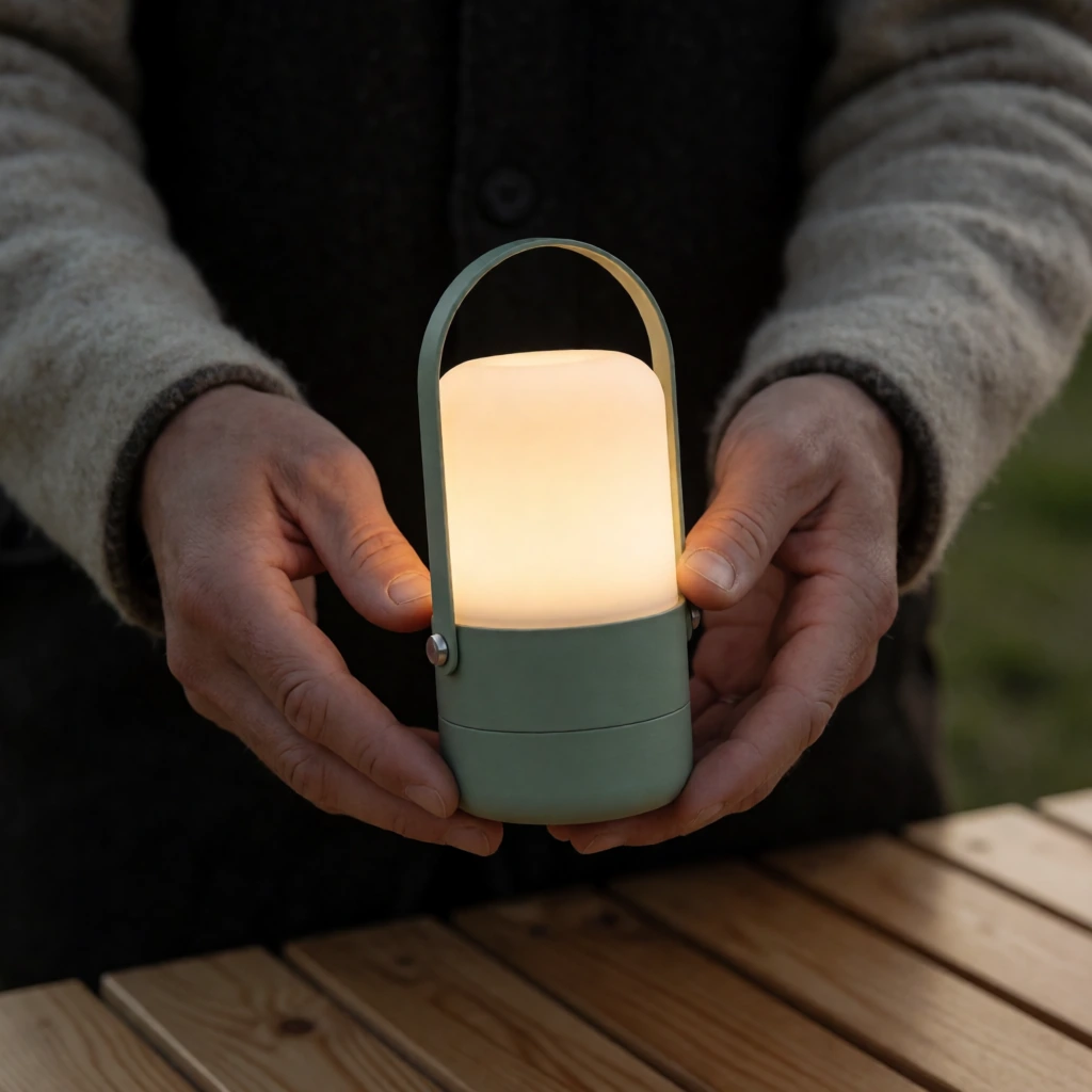Hands cradle the warm lantern beside a timber cabin table.