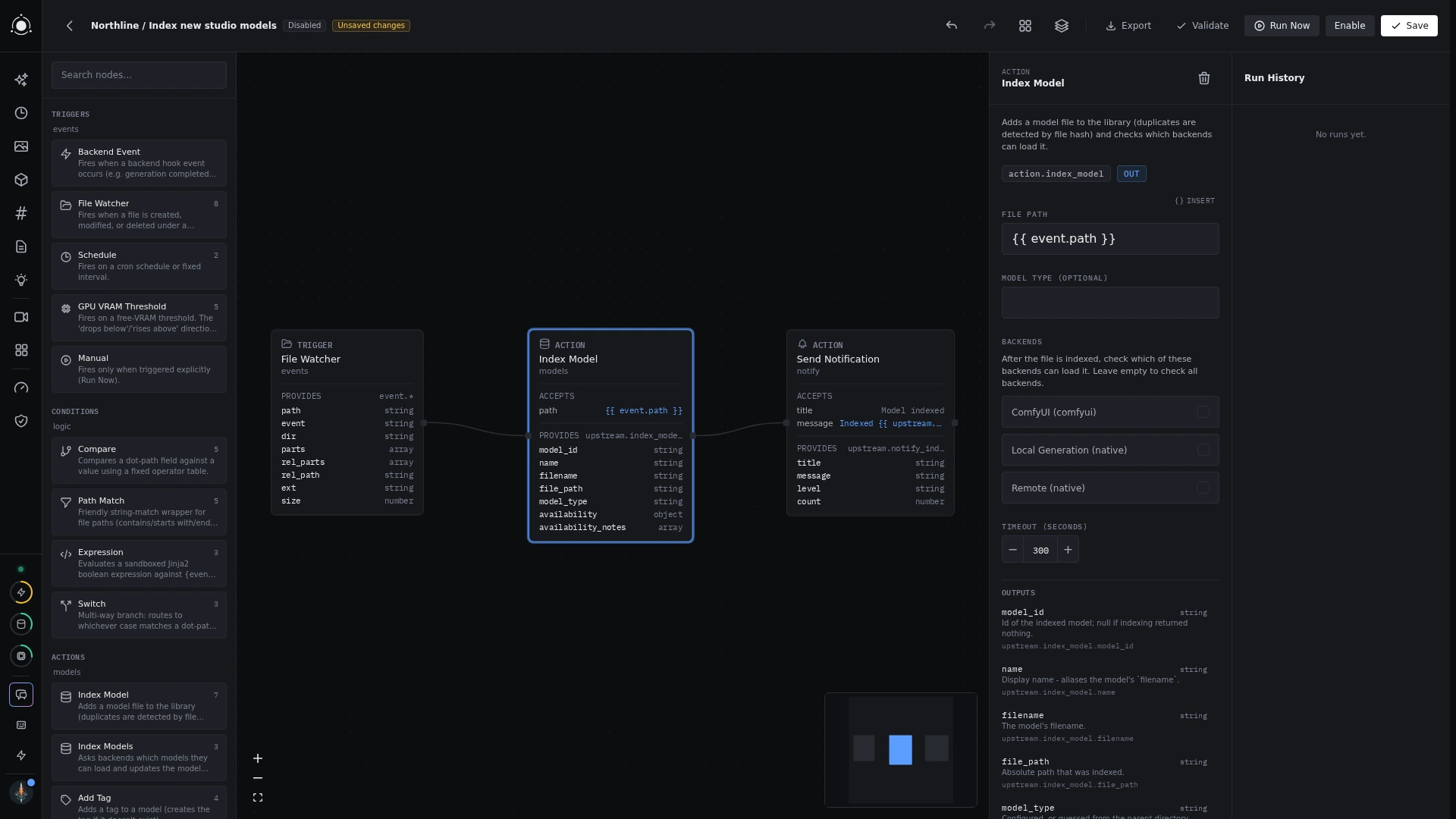 A real, paused automation draft connects a file watcher to model indexing and an in-app notification. Inspect each node’s inputs and outputs before enabling it.