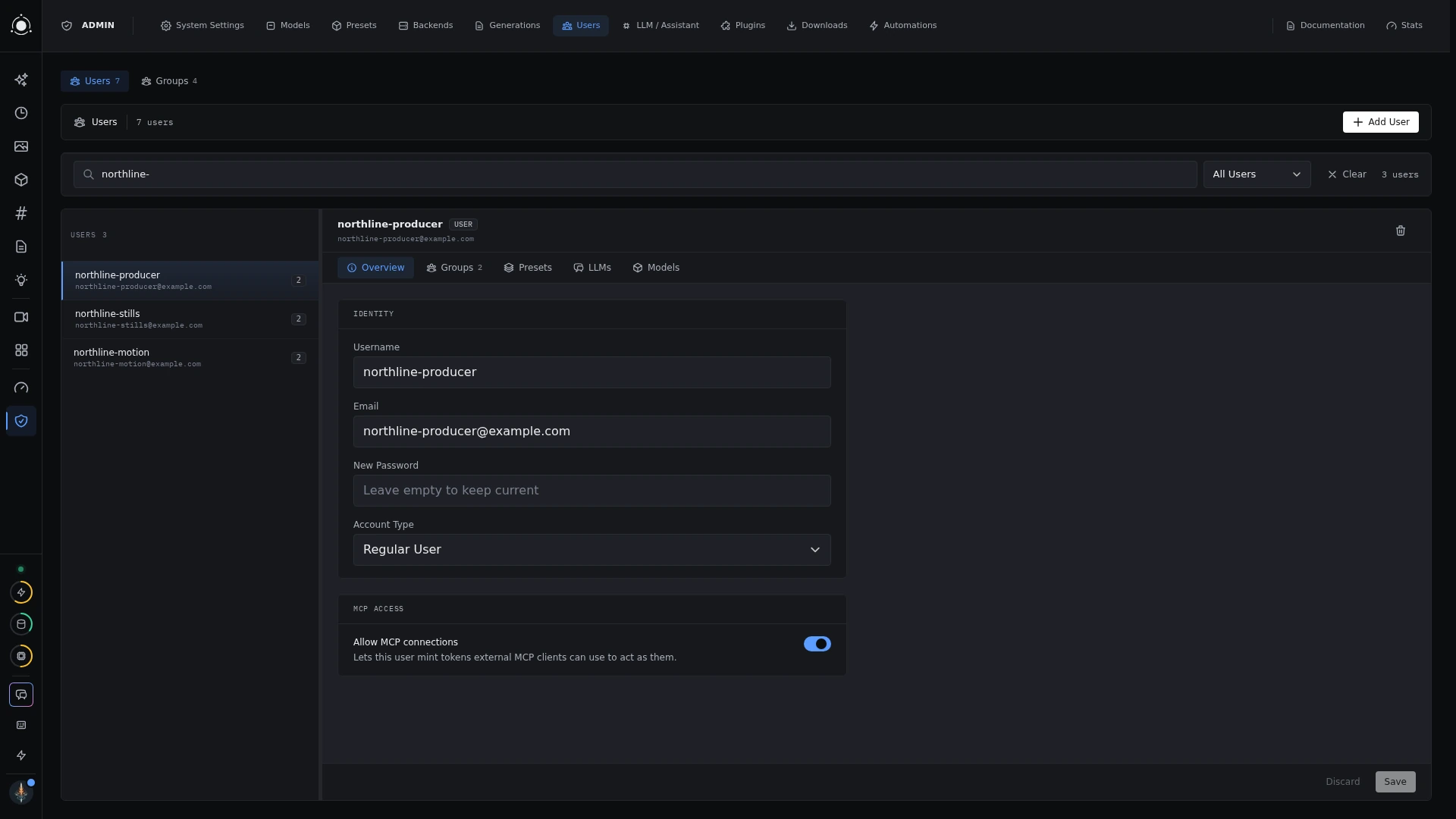 The demo’s producer, stills, and motion accounts sit in a shared Northline Studio group. Manage account roles, resource access, and whether each user can connect an MCP client.