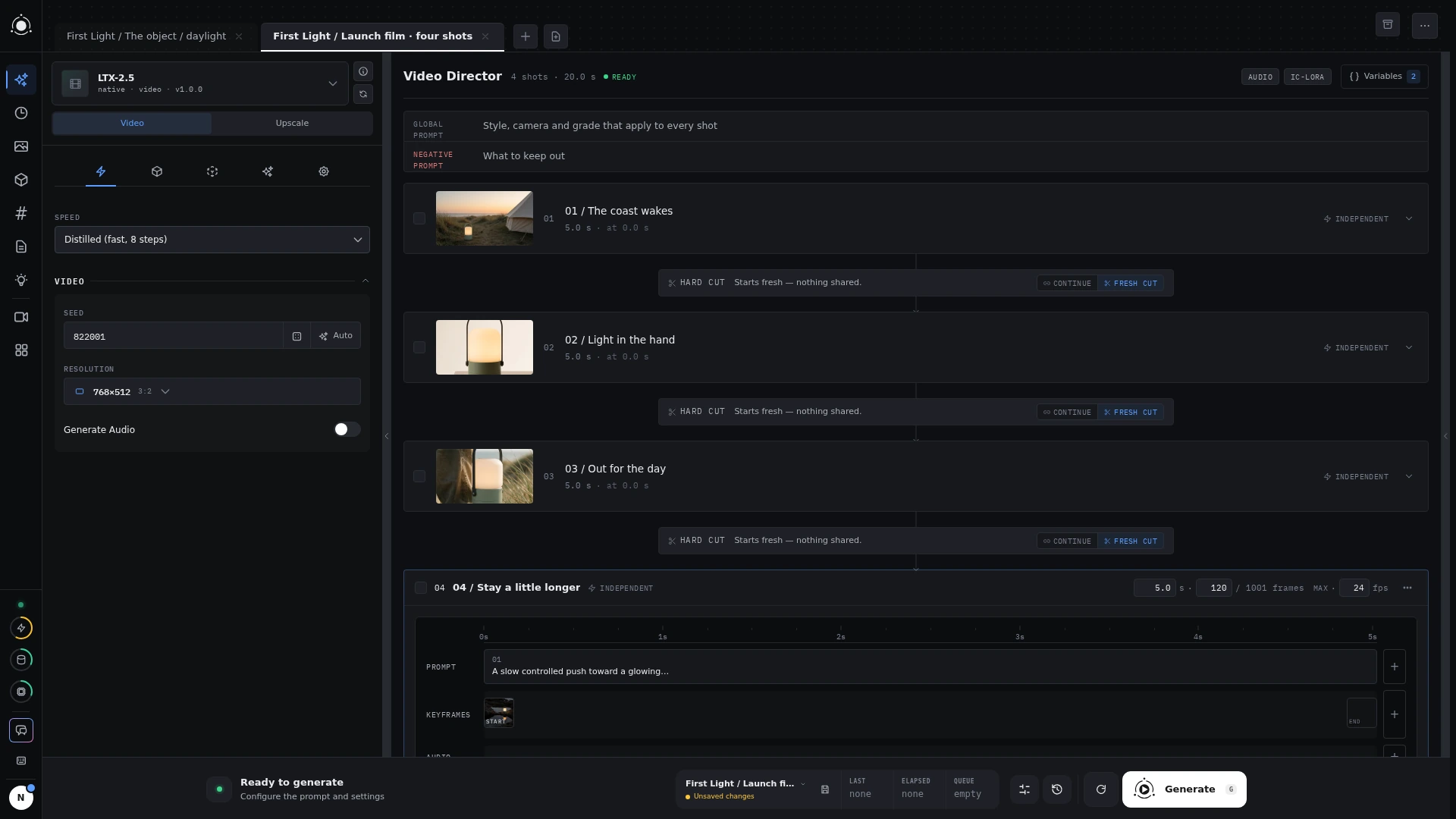 First Light’s four-shot film staged in Video Director, with image references, independent shots, transitions and timed prompts.