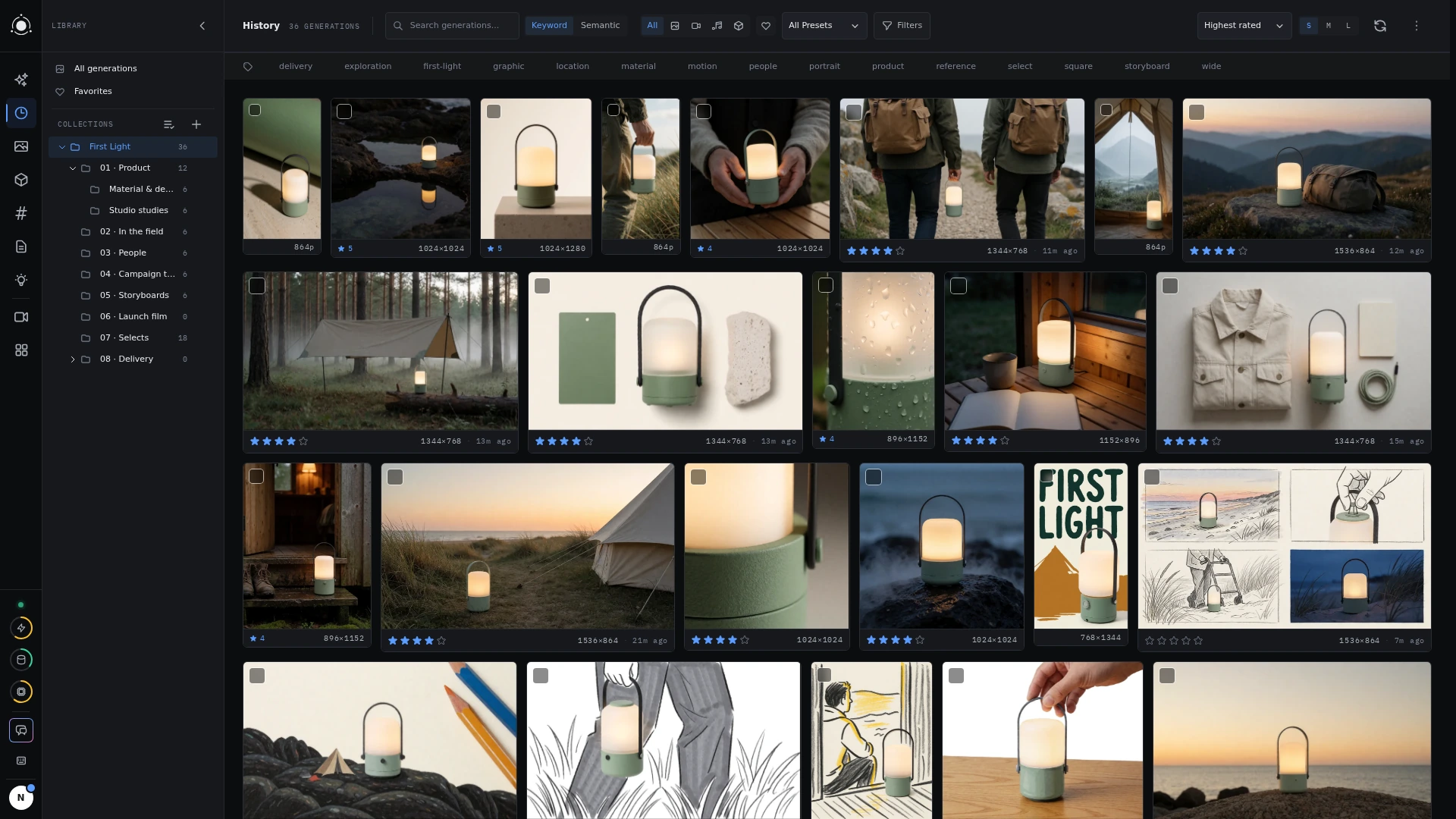 36 real image studies, nested project collections, tags, and reviewed selections. Product photography, locations, people, and graphic explorations keep their original dimensions and settings.