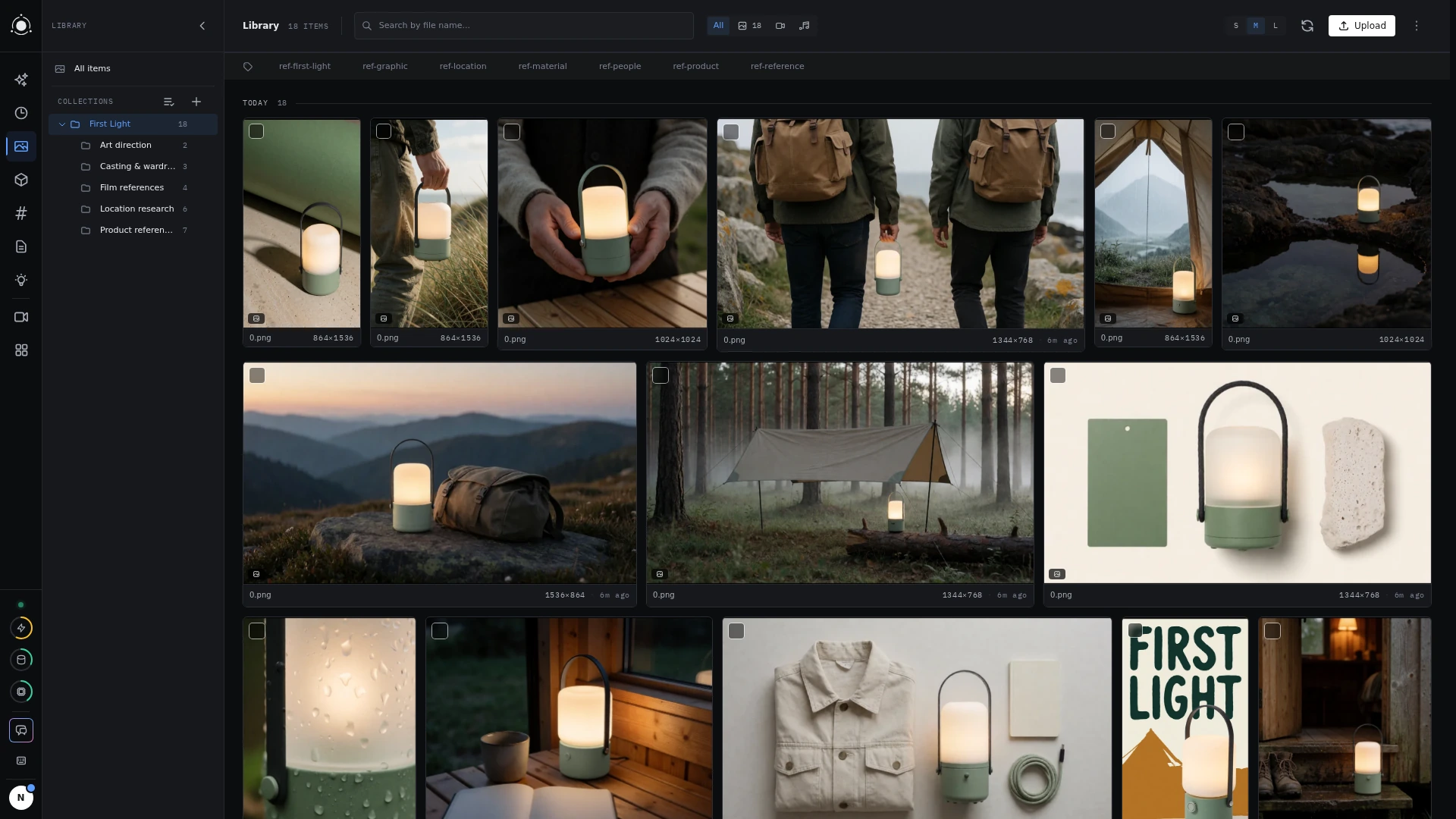 18 selected campaign images, organized into product, location, people, and art-direction references. The film’s starting images live here too, ready to reuse.