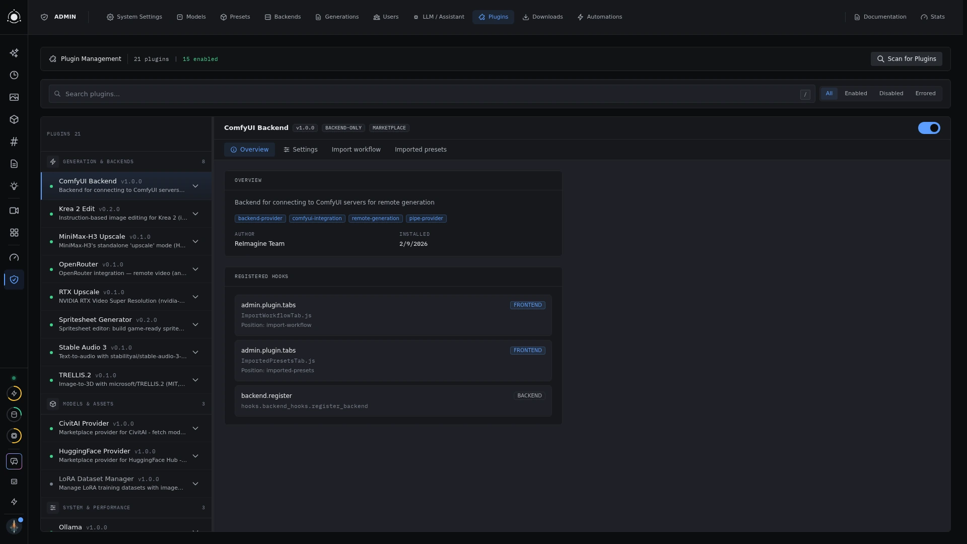 The current plugin manager with ComfyUI Backend selected, its registered hooks, and extensions for image editing, upscaling, spritesheets, audio, 3D, and model providers.
